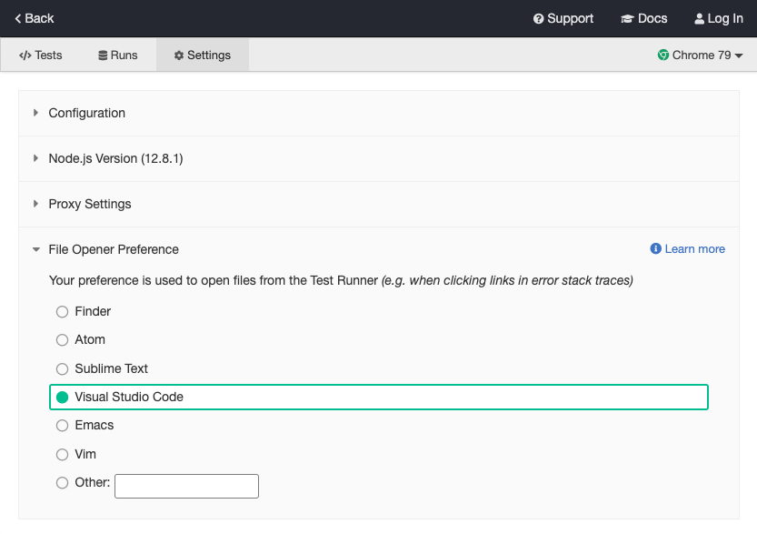 screenshot of Cypress App settings tab with file opener preference panel