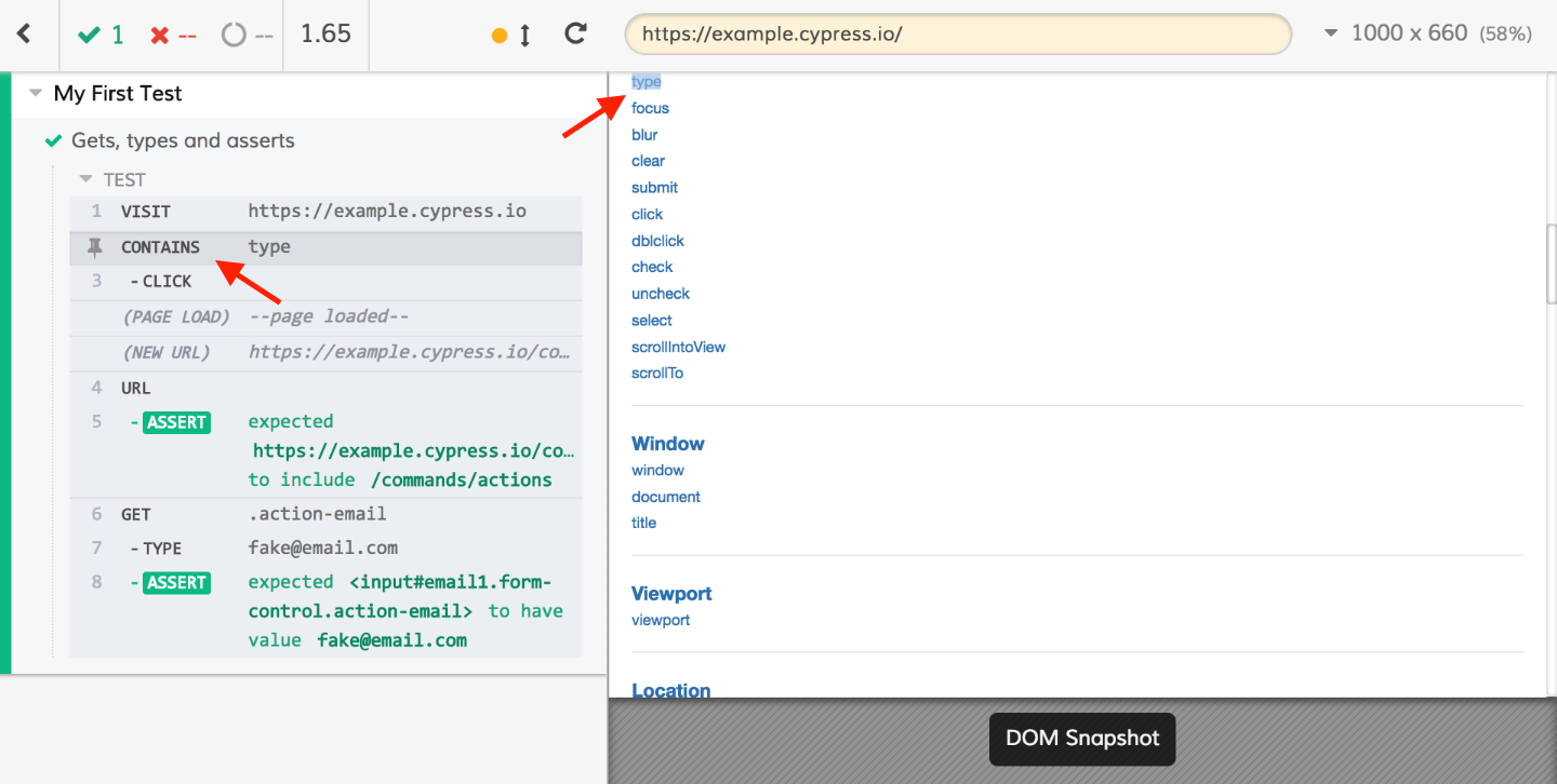 Hovering over the contains tab highlights the dom element in the App in the Cypress App
